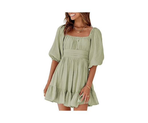 XP Square Neck Lace-Up Balloon Sleeve Ruffled A-Line Dress